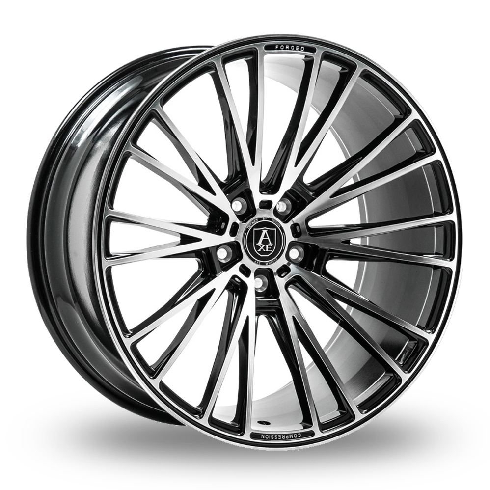 9x21 (Front) & 10.5x21 (Rear) Axe CF2 Black Polished Alloy Wheels