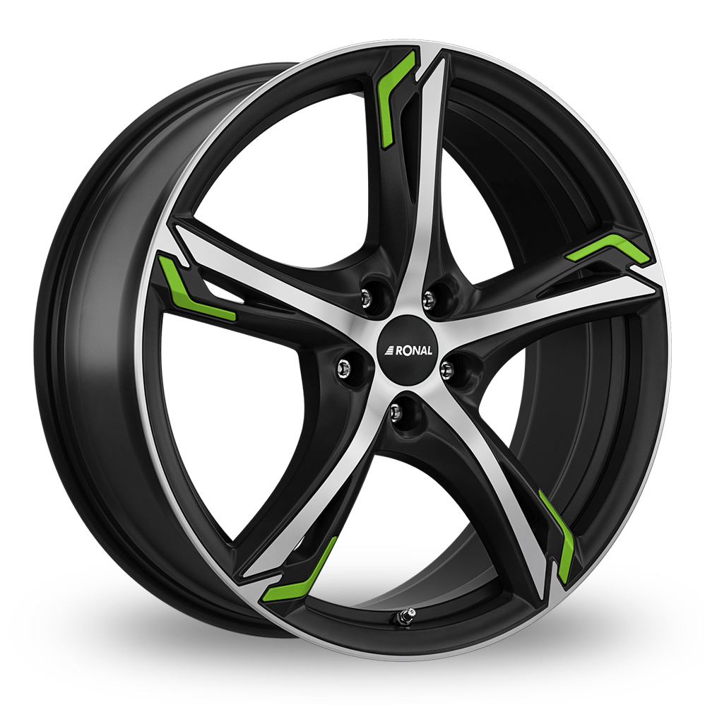 18 Inch Ronal R62 Black Polished Green Alloy Wheels