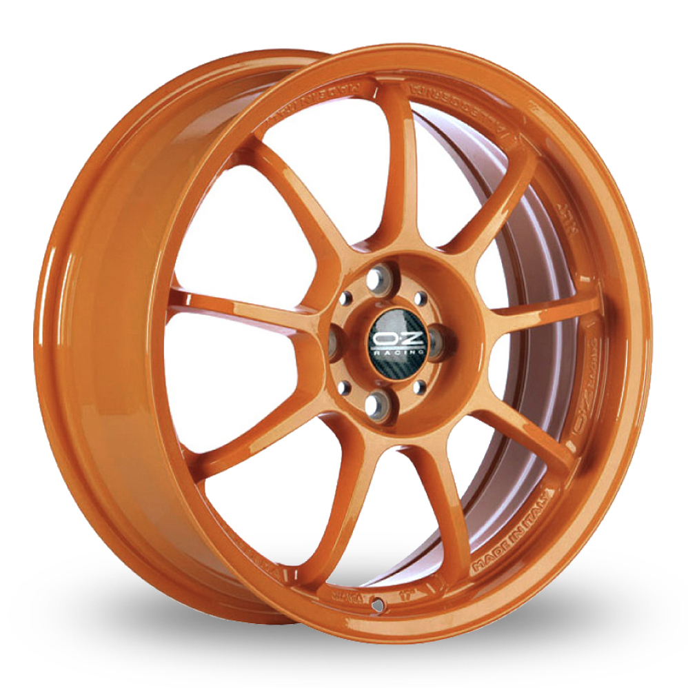 8x18 or 8.5x18 (Front) 10x18, 11x18 or 12x18 (Rear) OZ Racing Alleggerita HLT Orange Alloy Wheels