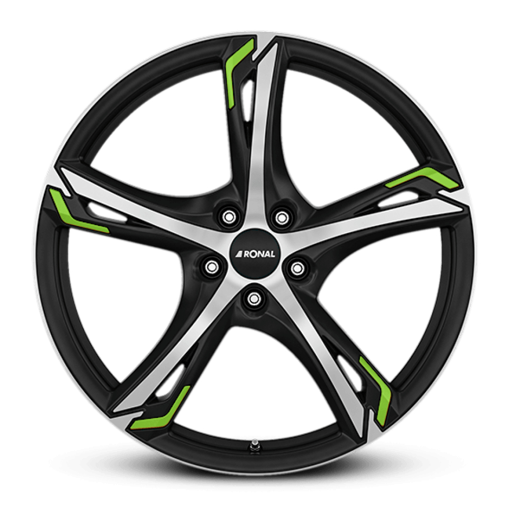 20 Inch Ronal R62 Black Polished Green Alloy Wheels